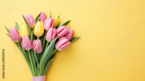 Mother's Day, Spring, Easter, Valentine's Day or other holiday - Pink tulip bouquet on yellow table texture background, top view