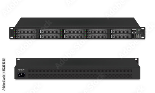 Professional server size 1u with eight 2.5-inch hard drives.  Network attached storage on white background. Vector illustration.