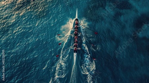 Women's rowing team on blue water, top view