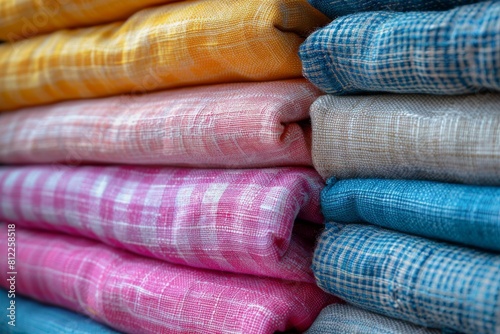 A vibrant stack of yellow, orange, pink, and blue fabrics, all with a checkered design, neatly presented