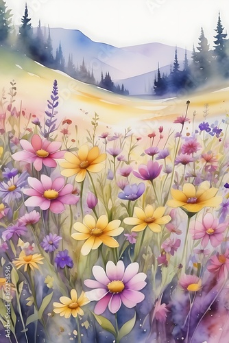 A watercolor painting of a wildflower meadow overflowing with colorful blooms in shades of pink, purple, and yellow