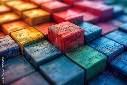 Close-up of a selection of bright, textured cubes that seem to pop out due to a selective focus creating a 3D cube illusion photo