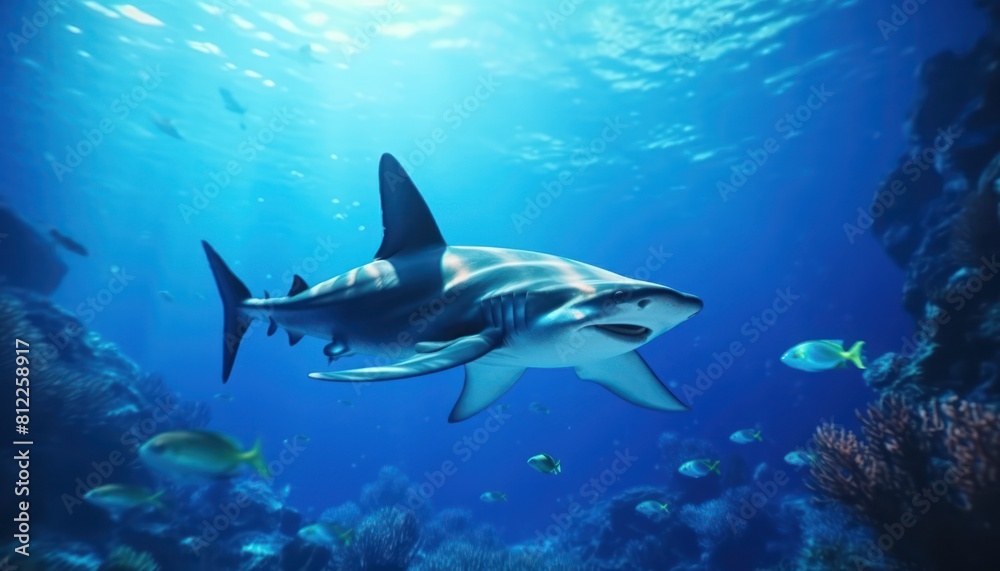 Great White Shark in the ocean, portrait of White shark hunting prey in the underwater Great White Shark in the ocean, portrait of White shark hunting prey in the underwater