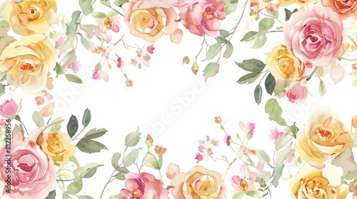 Arrange a lovely botanical illustration featuring watercolor elements of roses assorted pink and yellow garden flowers lush leaves and delicate branches all set against a clean white backgr