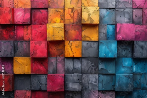 This image showcases a vivid range of colors on cubic blocks with a dynamic gradient and textured surfaces
