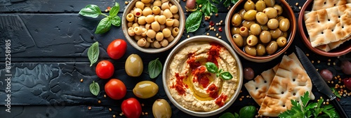 Mediterranean hummus platter with olives and pita, top view horizontal food banner with copy space © Food Cart