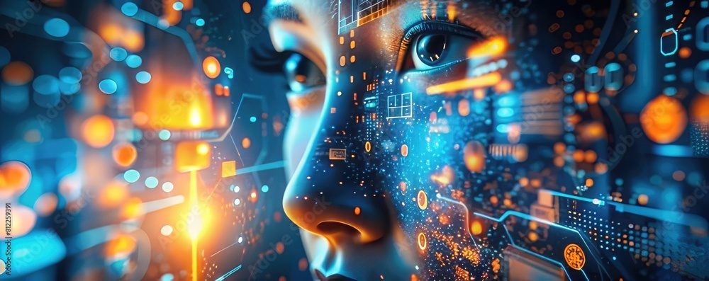A girl's digital view of futuristic and innovative images, artificial intelligence in the image of a girl, digital automation and the use of artificial intelligence, digital business and automation