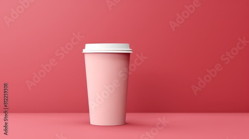 A white and pink cup is sitting on a red background photo