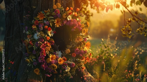 A stunning floral wreath adorns a tree against the backdrop of a sunlit meadow embodying the essence of traditional floral decor for the Summer Solstice and Midsummer holidays This beautifu