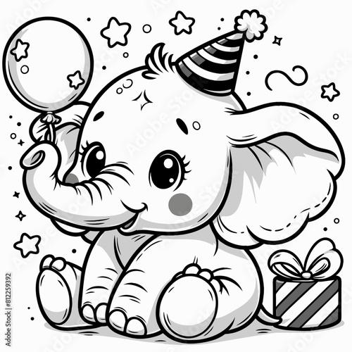 an elephant with a party hat coloring page