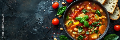 Minestrone soup with breadsticks, top view horizontal food banner with copy space