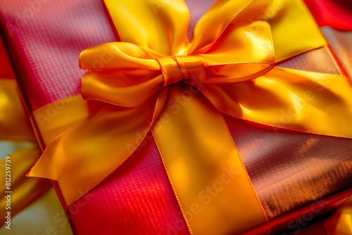 Closeup of colorful gift present box with yellow ribbons AI Generative