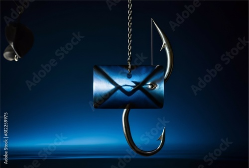 Phishing Awareness A conceptual image of a fishing hook disguised as an email icon, warning viewers about the dangers of falling for phishing scams and fraudulent emails 
