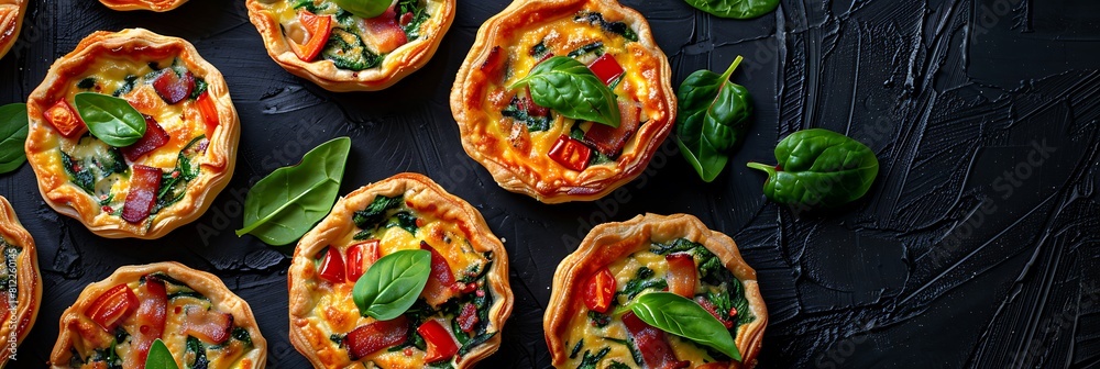 Mini quiche assortment with spinach, bacon, and cheese, fresh food banner, top view with copy space