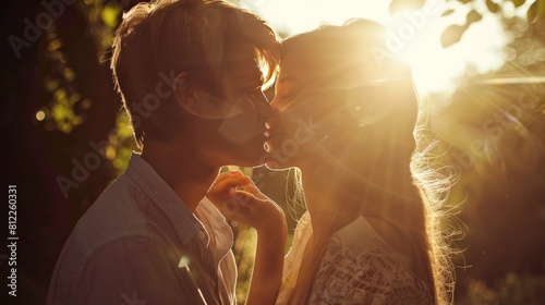 Young couple kissing outdoor in summer sun light. Kiss love date color evening teen.