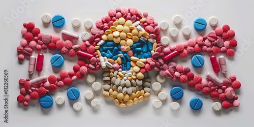 Skull Made of Pills on White Surface. Generative AI