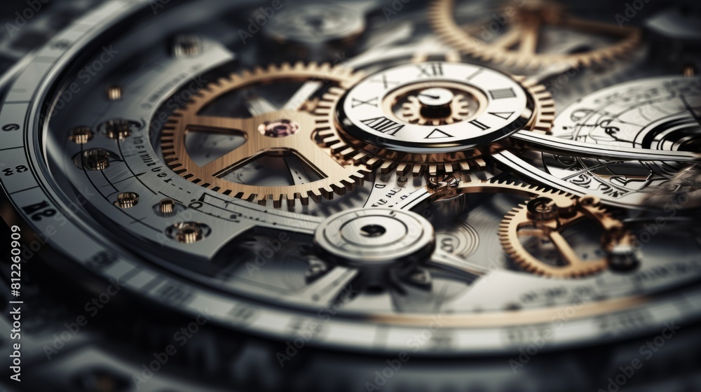Gears and cogs in a clock mechanism. Craftsmanship and Precision - Elegantly detailed stainless steel and metal.