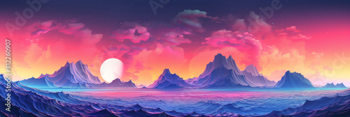 Surreal Seascape at Sunset with Mountains On Background. Fantasy Landscape with Majestic Alien Ocean Waves. Generative AI © pibi37.studio