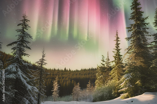 Northern lights dancing above a dense forest of coniferous trees, casting an ethereal glow over the landscape, flim © ins.dsign