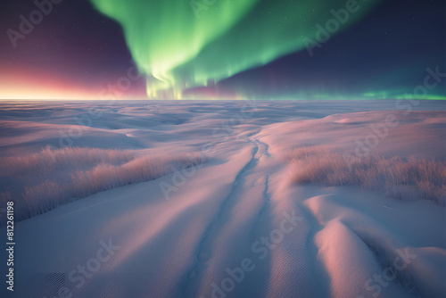 Northern lights illuminating the vast expanse of the Arctic tundra  with endless plains stretching to the horizon