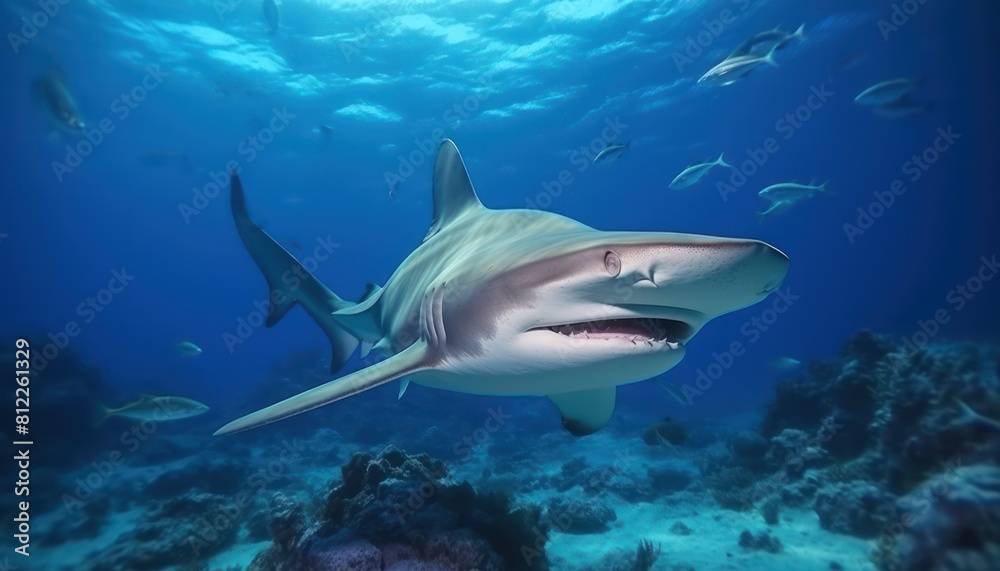 Fototapeta premium Great White Shark in the ocean, portrait of White shark hunting prey in the underwater