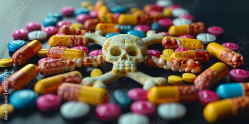 Skull Surrounded by Pills on Table. Generative AI