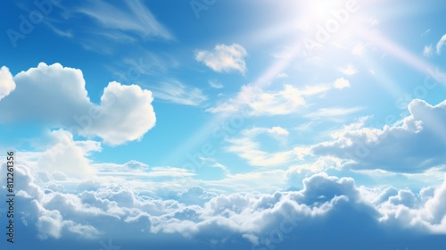 Hot cloudy summer background banner panorama - Blue sky with clouds and glowing sun