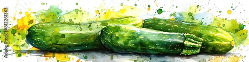 Vibrant Watercolor Style Thai Vietnamese Zucchinis on White Background