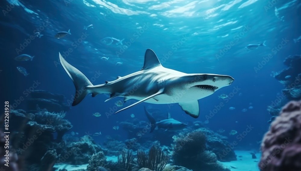 Great White Shark in the ocean, portrait of White shark hunting prey in the underwater Great White Shark in the ocean, portrait of White shark hunting prey in the underwater