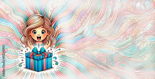 girl holding a gift box on a colorful background