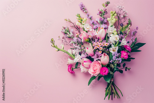 Beautiful composition spring flowers. Bouquet of flowers on pastel pink background Valentine s Day  Easter  Birthday  Happy Women s Day  Mother s Day. Flat lay Floristic decoration