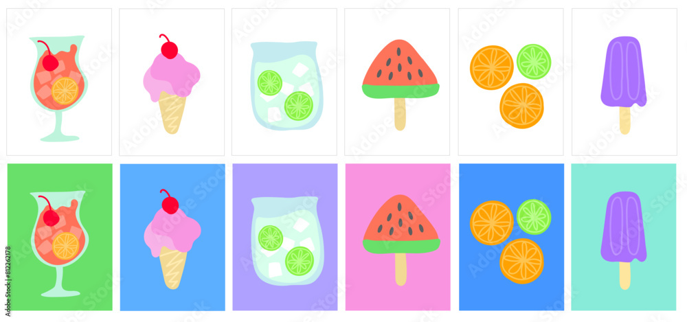 Summer Postcards icon set cute pastel tones flat design modern minimal, food, beach, lemon, orange, ice cream, watermelon, popsicle ice, lemonade, margarita.