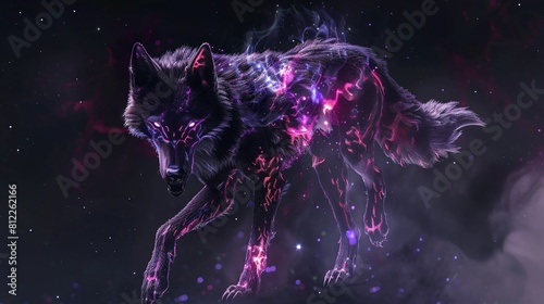 Nebulashadow Wolf, Eyes gleam with cosmic shadows, fur enshrouded in swirling nebulae, Deep cosmic black with wisps of haunting nebula hues and obsidian trim photo
