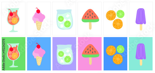 Summer Postcards icon set cute pastel tones flat design modern minimal, food, beach, lemon, orange, ice cream, watermelon, popsicle ice, lemonade, margarita.