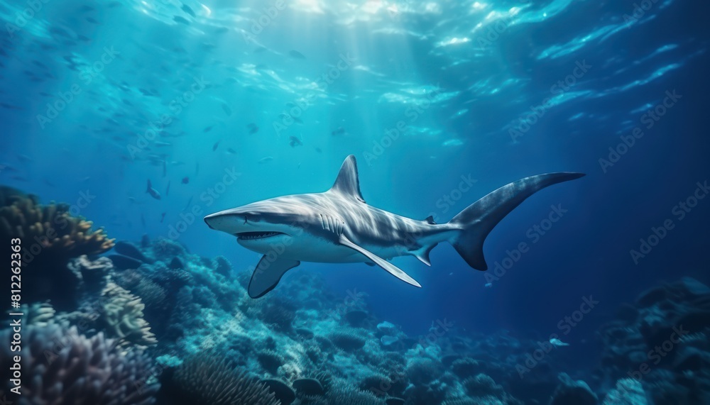 Great White Shark in the ocean, portrait of White shark hunting prey in the underwater Great White Shark in the ocean, portrait of White shark hunting prey in the underwater