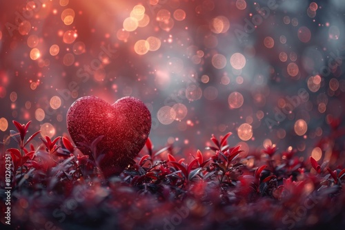 A sparkling red heart centerpiece is surrounded by a bokeh of shimmering lights, evoking warmth and romance