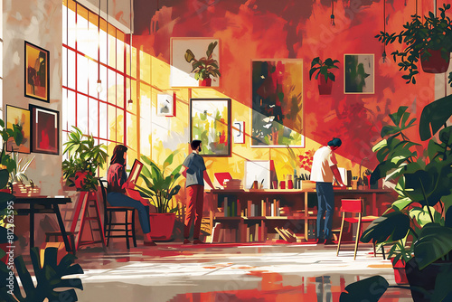 Vibrant artistic workshop scene, perfect for advertising art supplies or creative events.