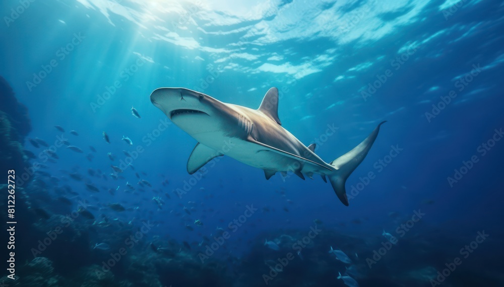 Fototapeta premium Great White Shark in the ocean, portrait of White shark hunting prey in the underwater