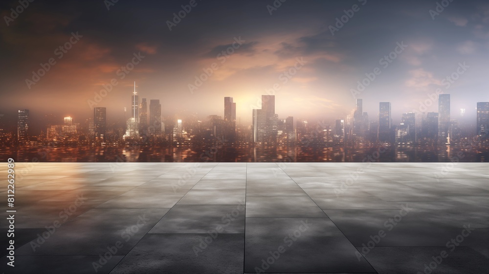 Serene Cityscape at Sunset with Reflective Surface and Skyline Silhouette Serene Cityscape at Sunset with Reflective Surface and Skyline Silhouette