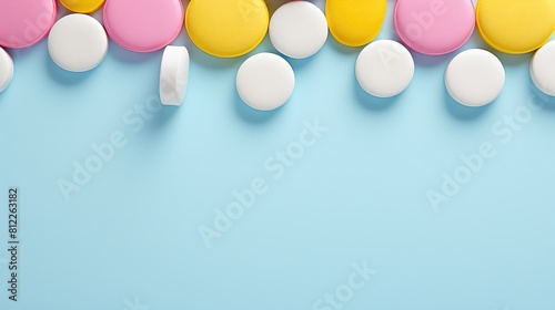 A blue background with a row of pills on it