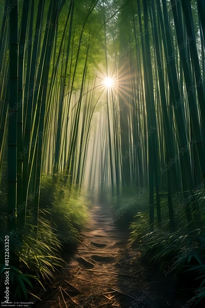 Imagine a mystical bamboo forest at dawn, with sunlight filtering through the canopy, casting enchanting shadows on the forest floor