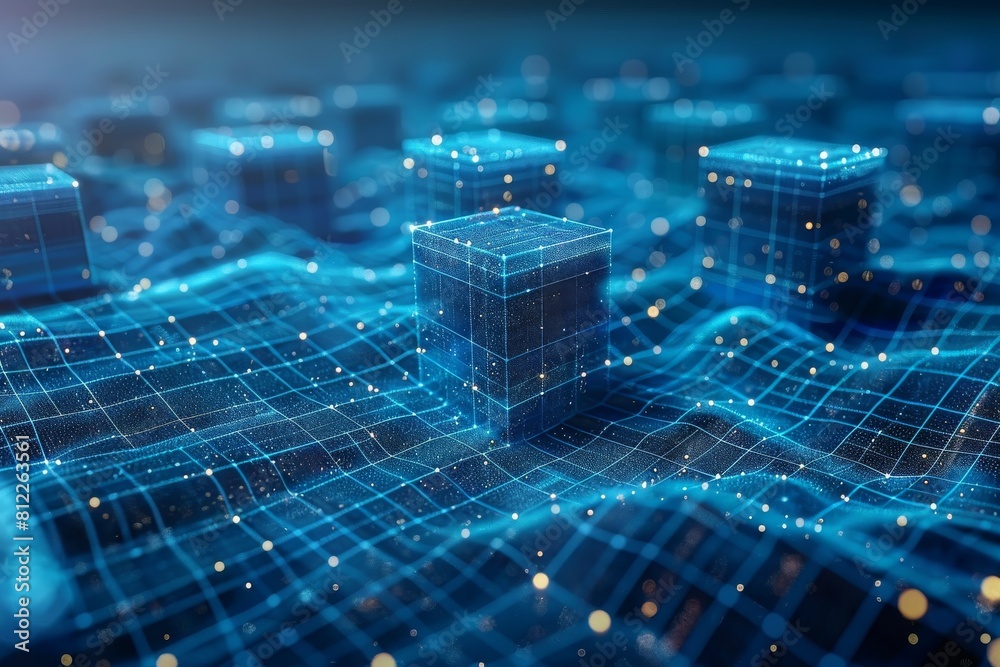 Obraz premium 3D render of wireframe cubes rising from a glowing digital grid with connected lines