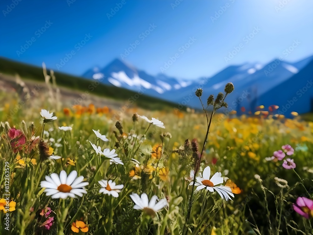 Wildflowers against a blue sky in sunny day with mountain