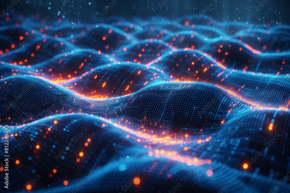 A wavy, digital landscape with glowing red nodes that give a sense of data flow and digital activity across a futuristic network A wavy, digital landscape with glowing red nodes that give a sense of data flow and digital activity across a futuristic network
