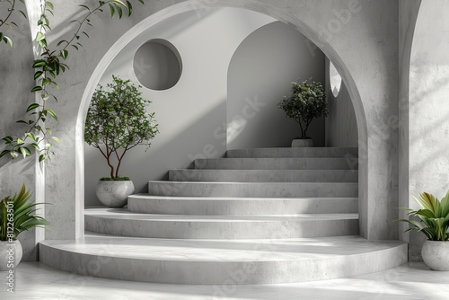 This image displays a modern interior with a curved white staircase and arched doorways, accented by indoor plants