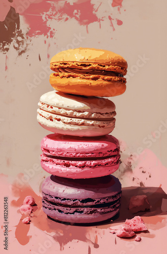 Stack of four colorful macarons assorted on light pastel pink and beige background. Close-up view with copy space.