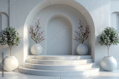 Contemporary arch design with steps and decorative plants in white vases against a textured wall