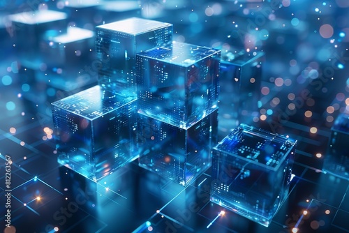 Digital rendering of multiple glowing cubes with network lines on a dark blue background