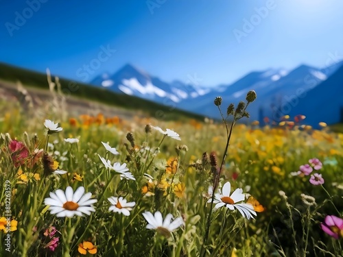 Wildflowers against a blue sky in sunny day with mountain