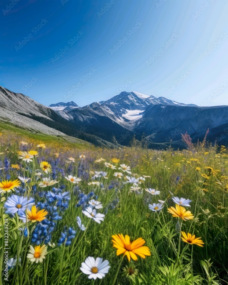 Fototapeta premium Wildflowers against a blue sky in sunny day with mountain